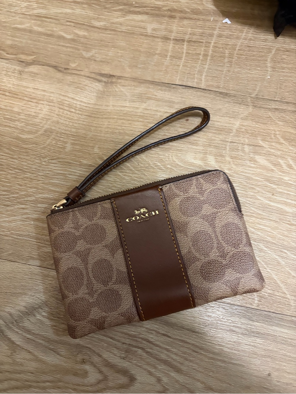 COACH Brown Signature Canvas Wristlet with Leather Stripe